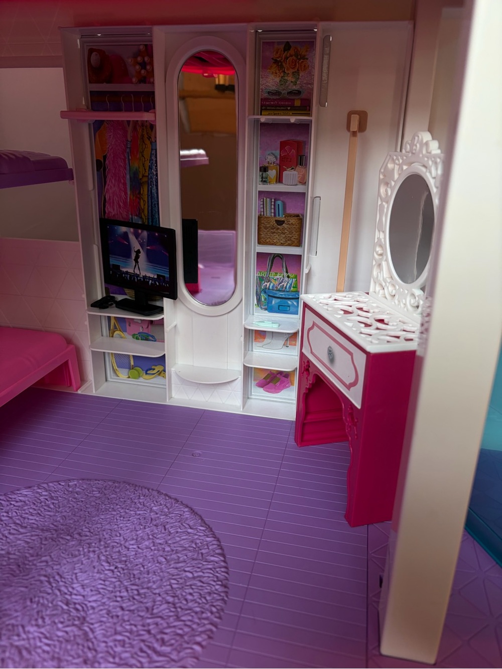 Barbie  Dream Multi-Level Playhouse in Pink, Purple, Teal includes accessories - Picture 7 of 10